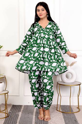 Green floral hand block printed cotton co-ord set