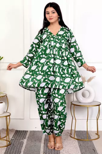 Green floral hand block printed cotton co-ord set