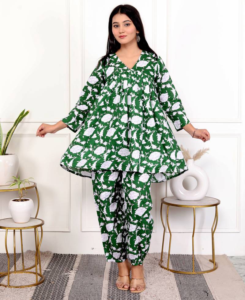 Green floral hand block printed cotton co-ord set