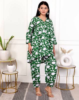 Green floral hand block printed cotton co-ord set 3