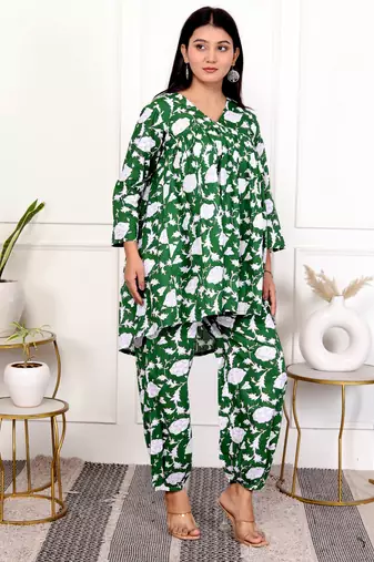 Green floral hand block printed cotton co-ord set