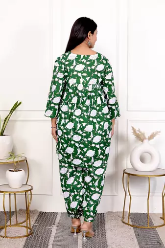Green floral hand block printed cotton co-ord set