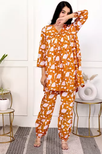 Peach floral hand block printed cotton co-ord set