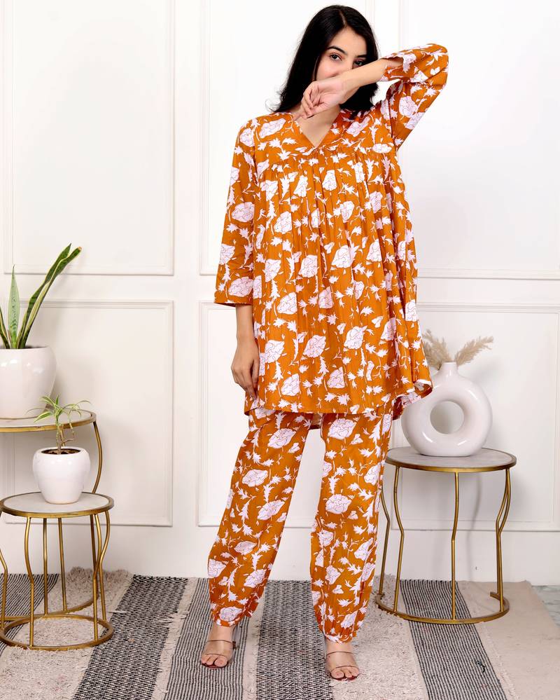 Peach floral hand block printed cotton co-ord set