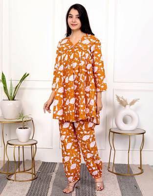 Peach floral hand block printed cotton co-ord set 2