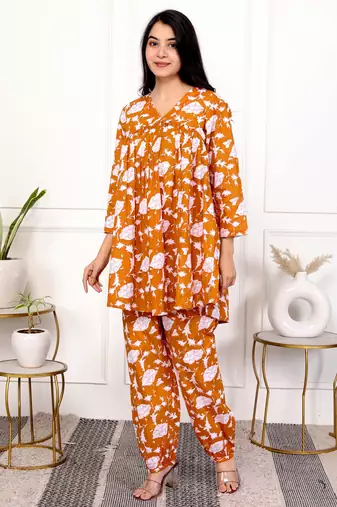 Peach floral hand block printed cotton co-ord set