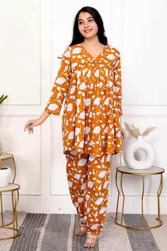 Peach floral hand block printed cotton co-ord set