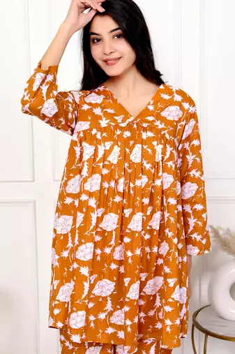 Peach floral hand block printed cotton co-ord set