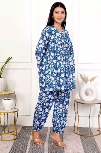 Blue floral hand block printed cotton co-ord set
