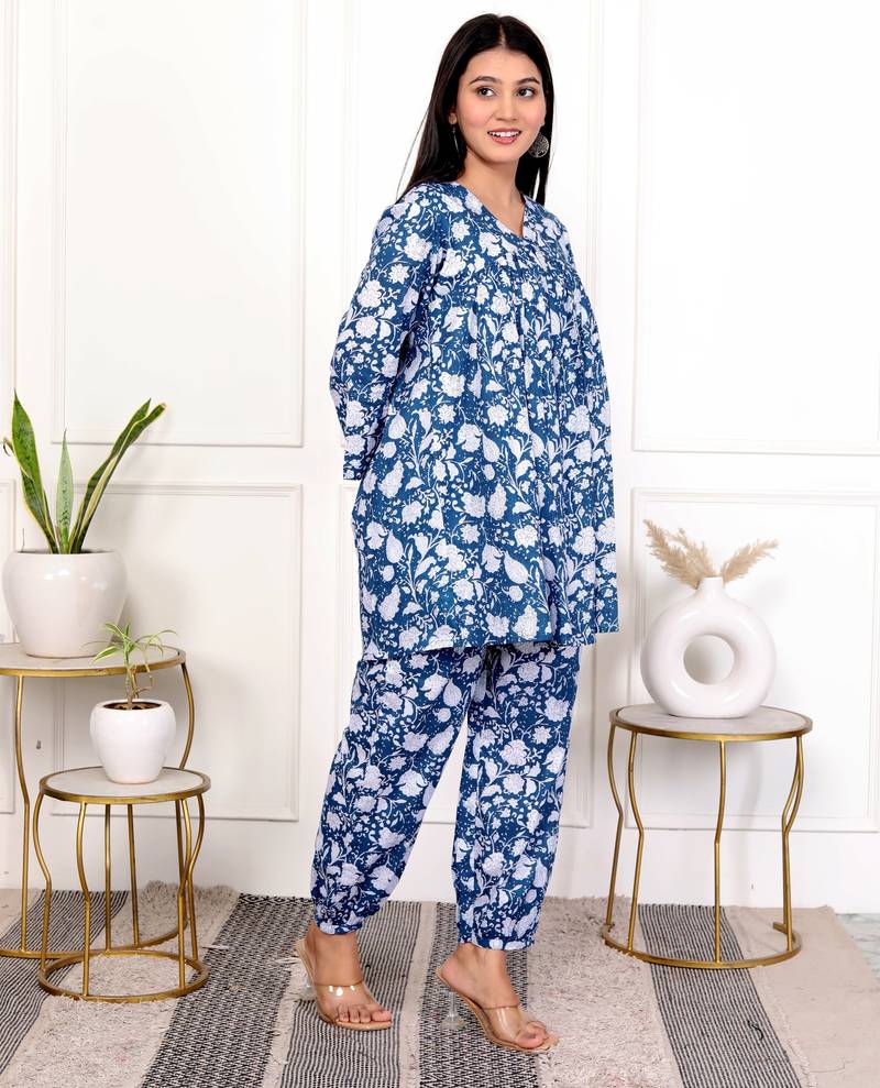 Blue floral hand block printed cotton co-ord set