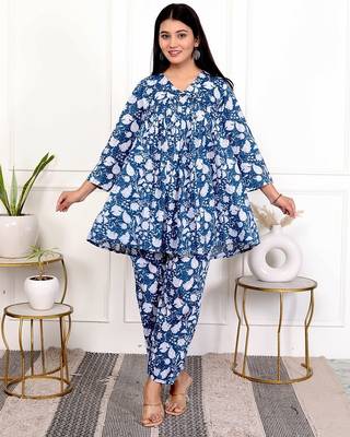 Blue floral hand block printed cotton co-ord set 2