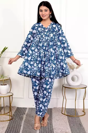 Blue floral hand block printed cotton co-ord set