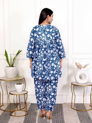 Blue floral hand block printed cotton co-ord set 3