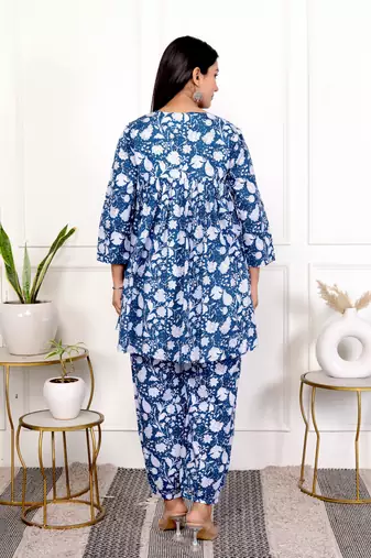 Blue floral hand block printed cotton co-ord set