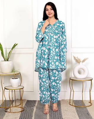 Sky blue floral hand block printed cotton co-ord set 1