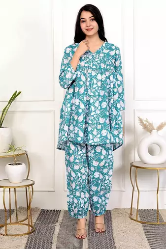 Sky blue floral hand block printed cotton co-ord set