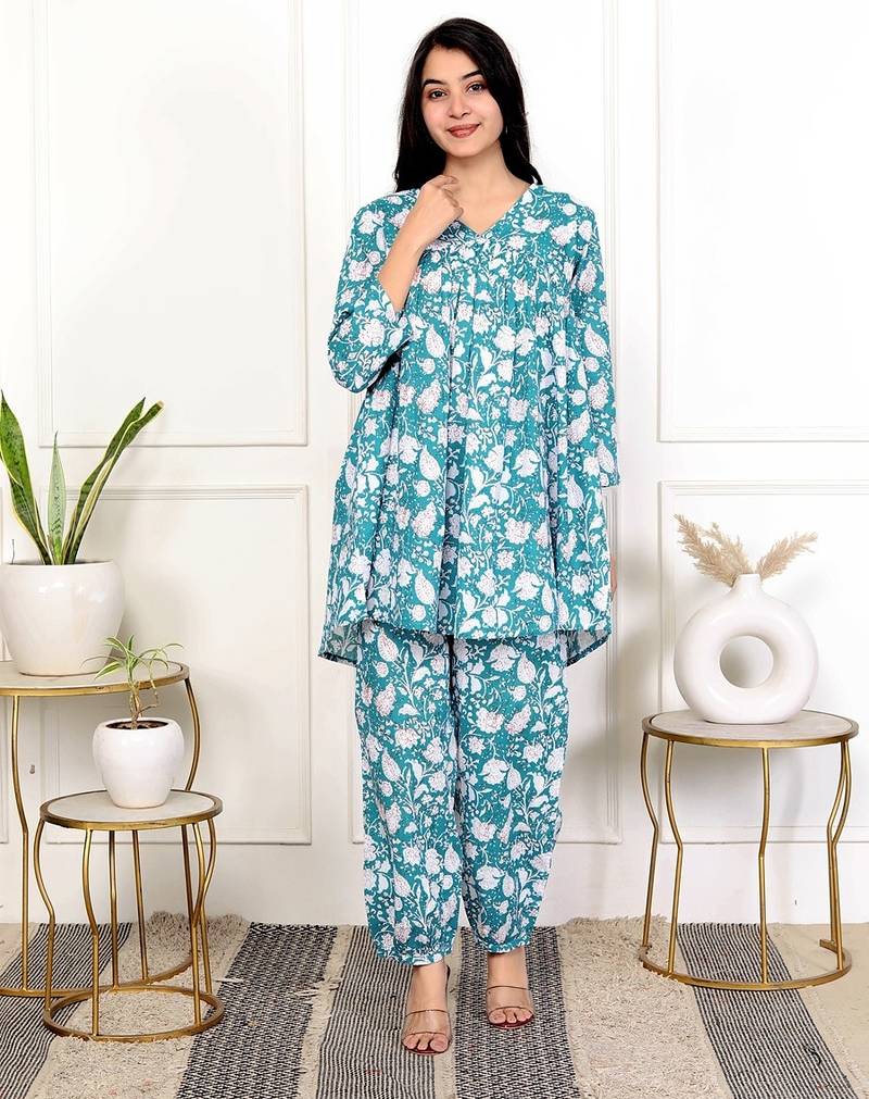 Sky blue floral hand block printed cotton co-ord set