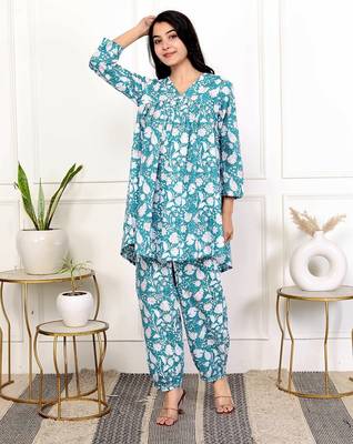Sky blue floral hand block printed cotton co-ord set 2