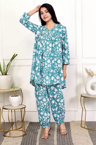 Sky blue floral hand block printed cotton co-ord set
