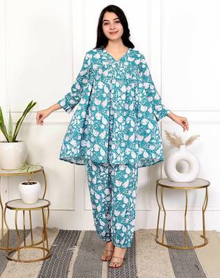 Sky blue floral hand block printed cotton co-ord set 3