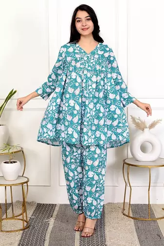 Sky blue floral hand block printed cotton co-ord set