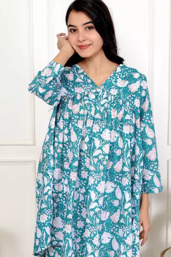 Sky blue floral hand block printed cotton co-ord set