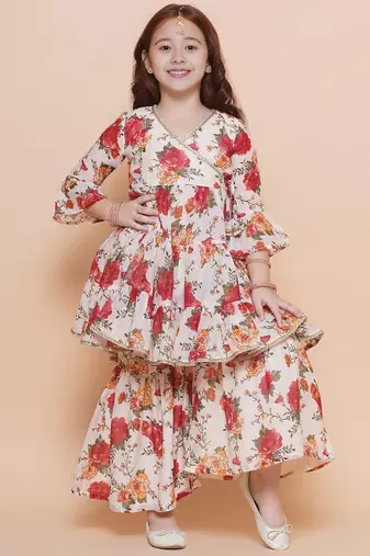 Red & orange floral print printed floral print design lightweight fabric flared peplum kurti  girls ethnic sharara set