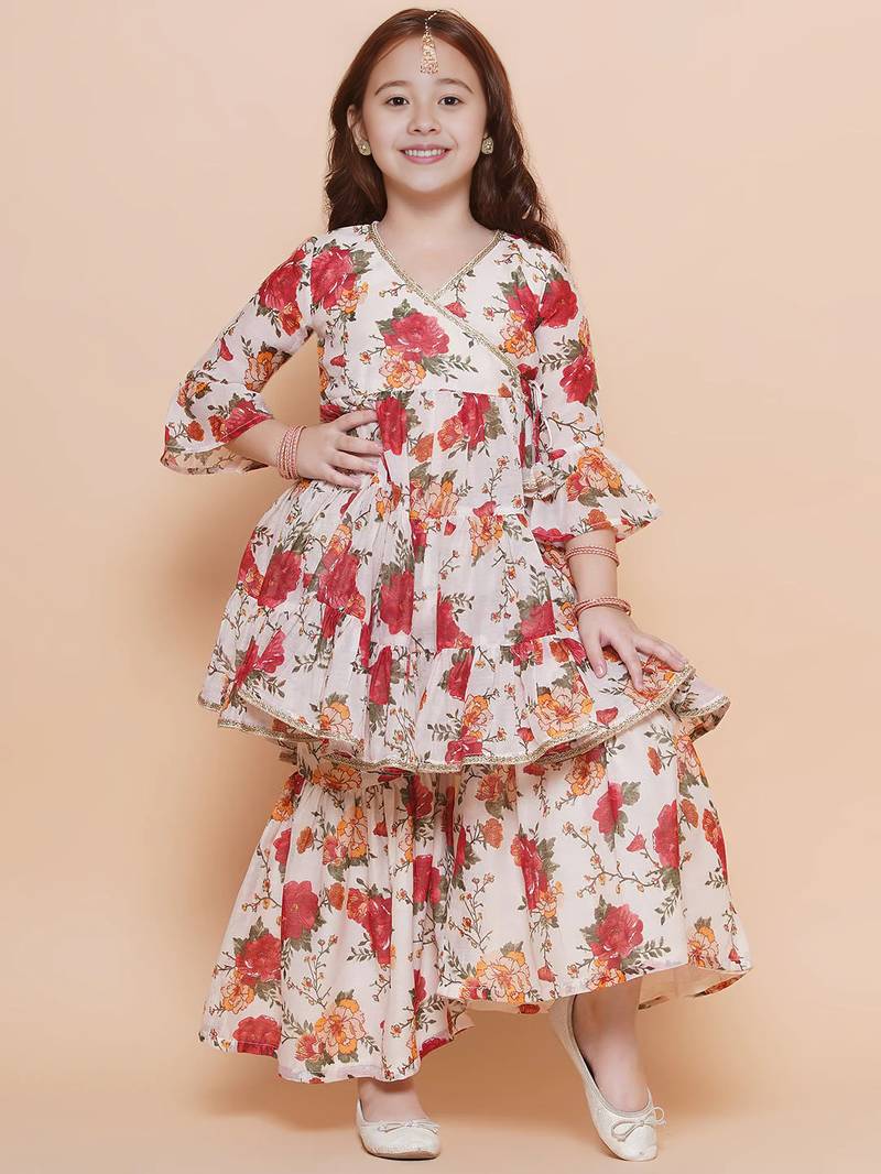Red & orange floral print printed floral print design lightweight fabric flared peplum kurti  girls ethnic sharara set