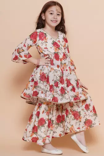 red and orange floral kurti sharara set for girls
