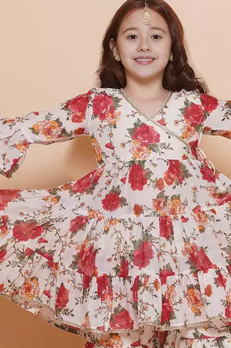 red and orange floral kurti sharara set for girls