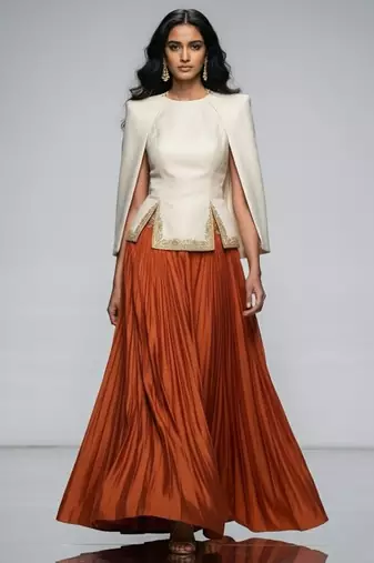 Rust Orange Embroidered Crepe Indo Western Lehenga Set