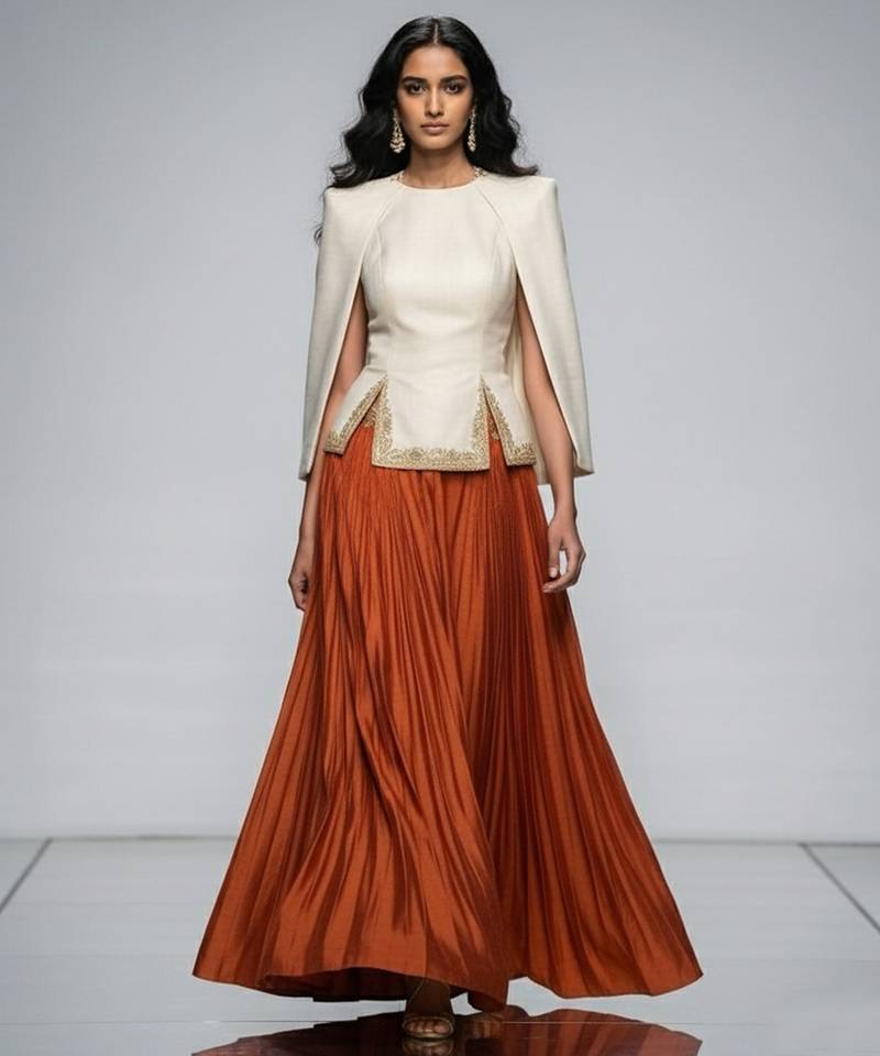 Rust Orange Embroidered Crepe Indo Western Lehenga Set