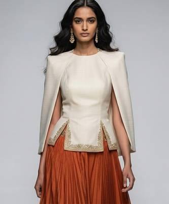 Rust Orange Embroidered Crepe Indo Western Lehenga Set 3