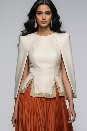 Rust Orange Embroidered Crepe Indo Western Lehenga Set