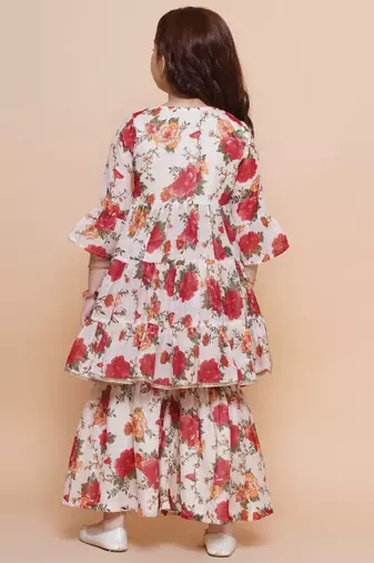 red and orange floral kurti sharara set for girls