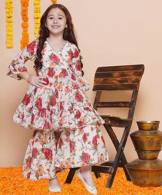 red and orange floral kurti sharara set for girls 5