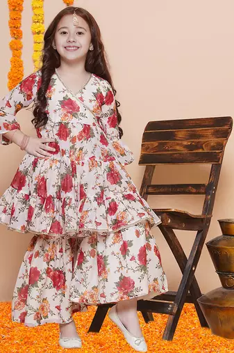 red and orange floral kurti sharara set for girls