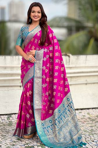 Magenta patola silk saree meenakari weaves & zari pallu with contrast blouse piece