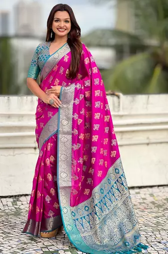 Magenta patola silk saree meenakari weaves & zari pallu with contrast blouse piece