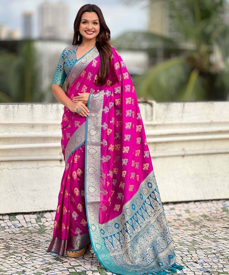Magenta patola silk saree meenakari weaves & zari pallu with contrast blouse piece