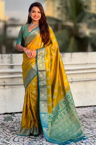 Mustard patola silk saree meenakari weaves & zari pallu with contrast blouse piece