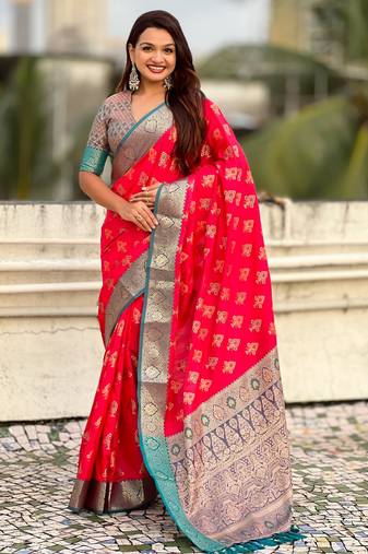 Pink patola silk saree meenakari weaves & zari pallu with contrast blouse piece