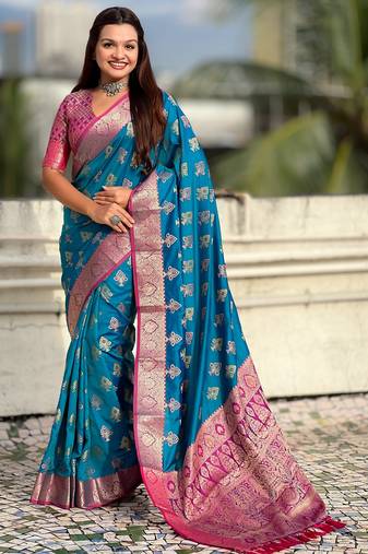 Blue patola silk saree meenakari weaves & zari pallu with contrast blouse piece