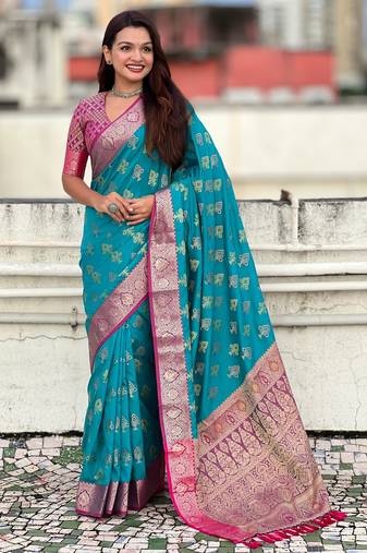 Teal patola silk saree meenakari weaves & zari pallu with contrast blouse piece