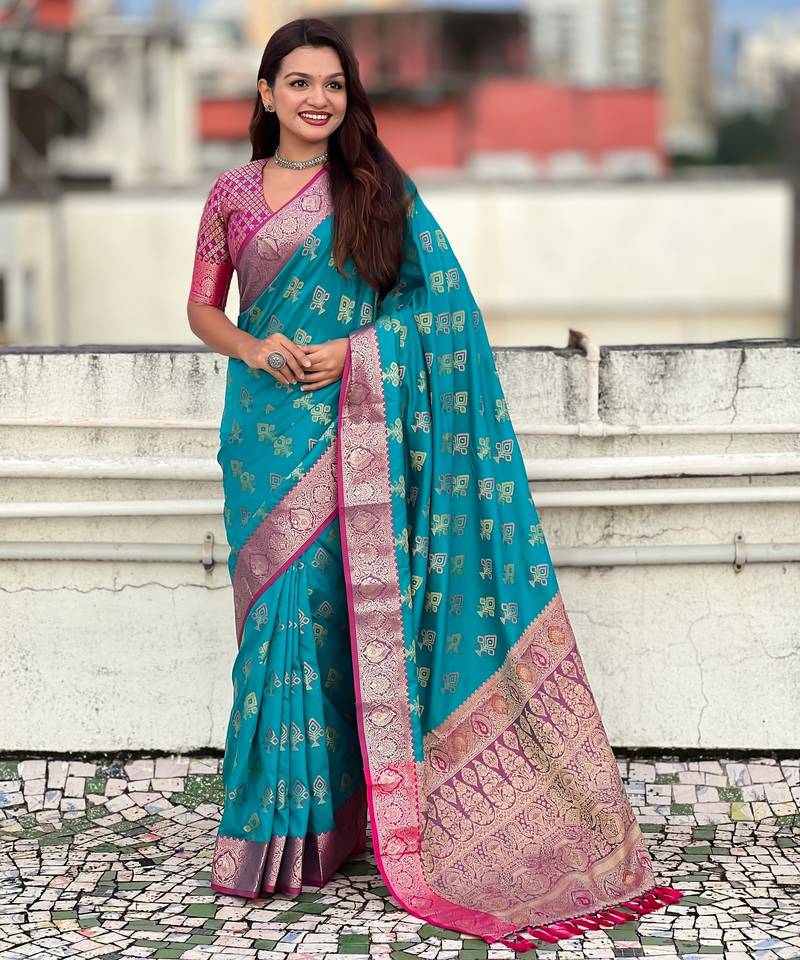 Teal patola silk saree meenakari weaves & zari pallu with contrast blouse piece