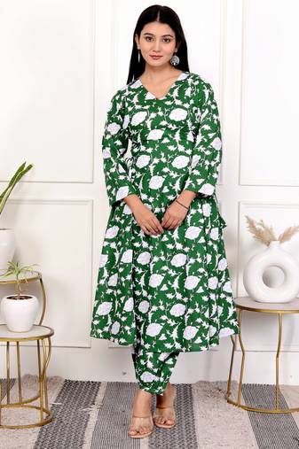 Green floral hand block printed cotton kurta pant set