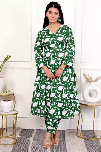Green floral hand block printed cotton kurta pant set