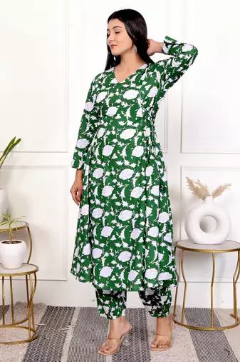 Green floral hand block printed cotton kurta pant set
