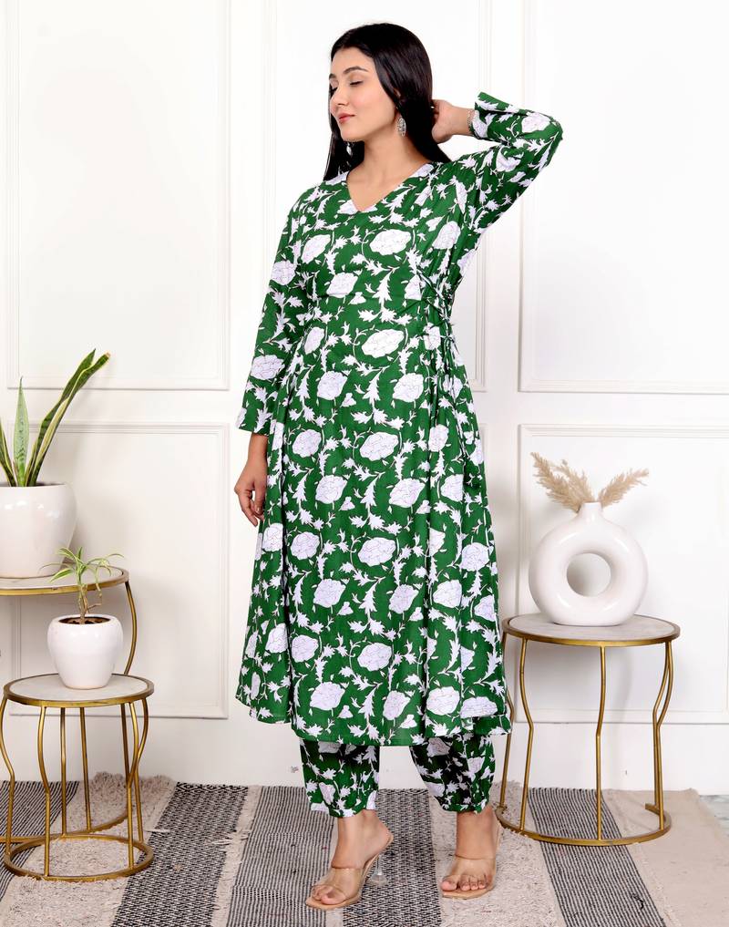 Green floral hand block printed cotton kurta pant set