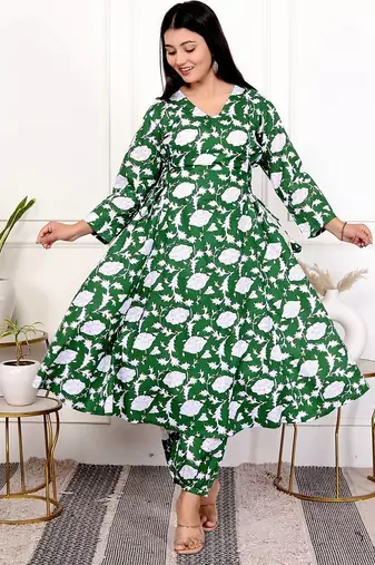 Green floral hand block printed cotton kurta pant set